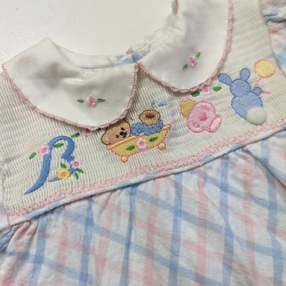 Vintage 90s Dress Baby Girls Size 6-9m Plaid Smocked Bear Bunny